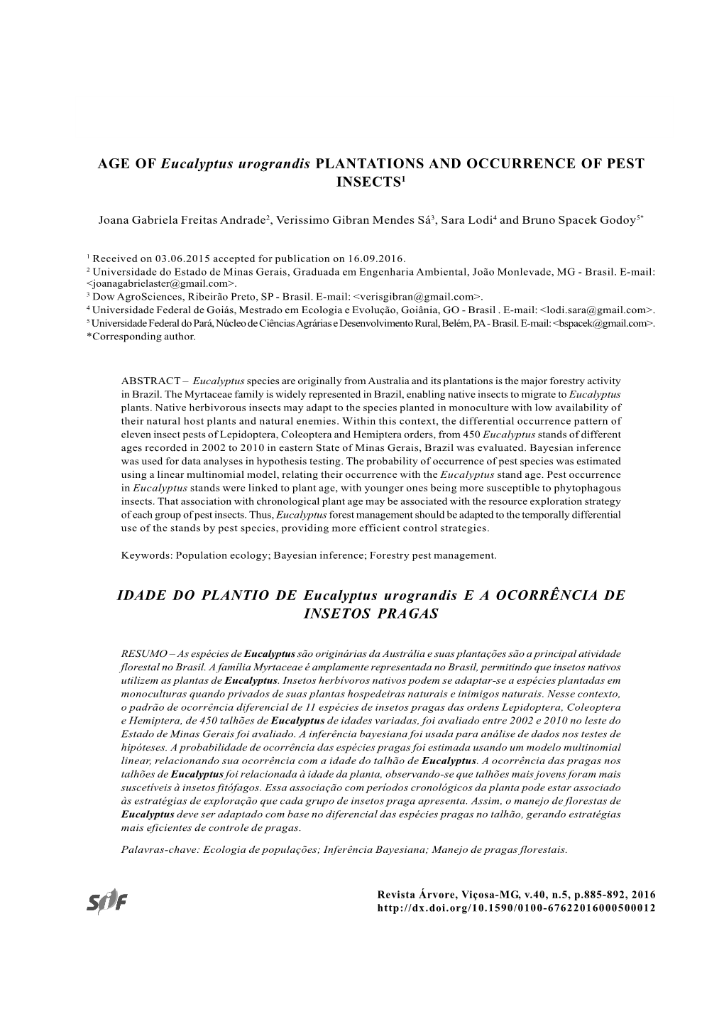 AGE of Eucalyptus Urograndis PLANTATIONS and OCCURRENCE of PEST INSECTS1