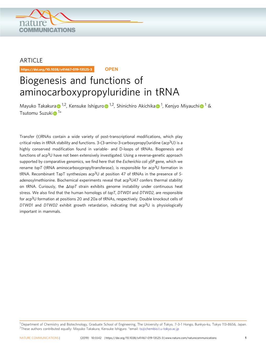 Biogenesis and Functions of Aminocarboxypropyluridine in Trna