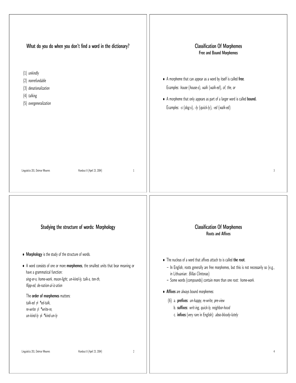 Handout 9. Morphology I: How to Find Words in the Dictionary, Or Studying the Structure Of