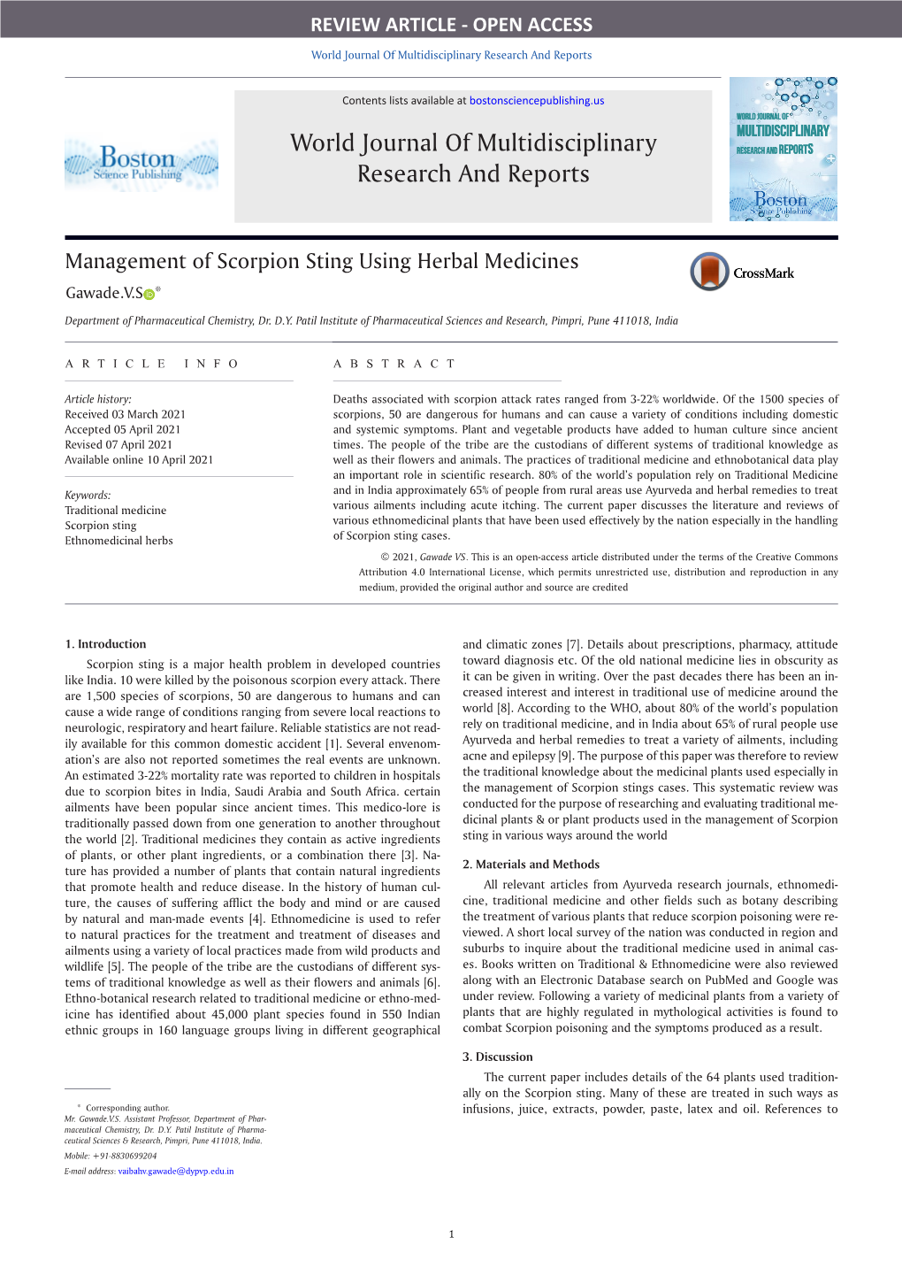 Management of Scorpion Sting Using Herbal Medicines Gawade.V.S *