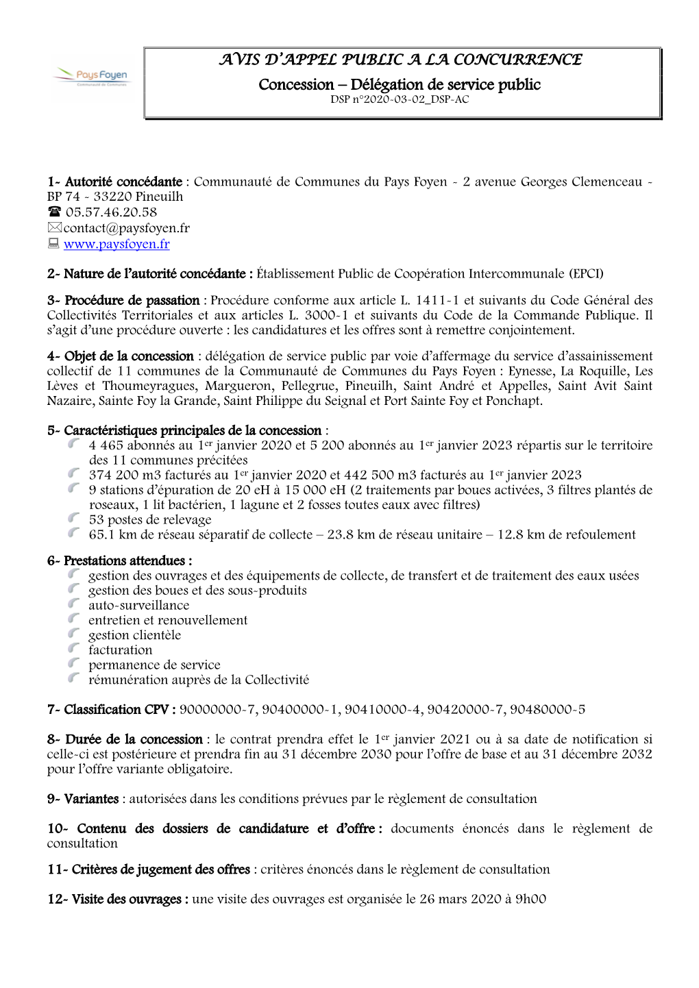 Concession – Délégation De Service Public DSP N°2020-03-02 DSP-AC