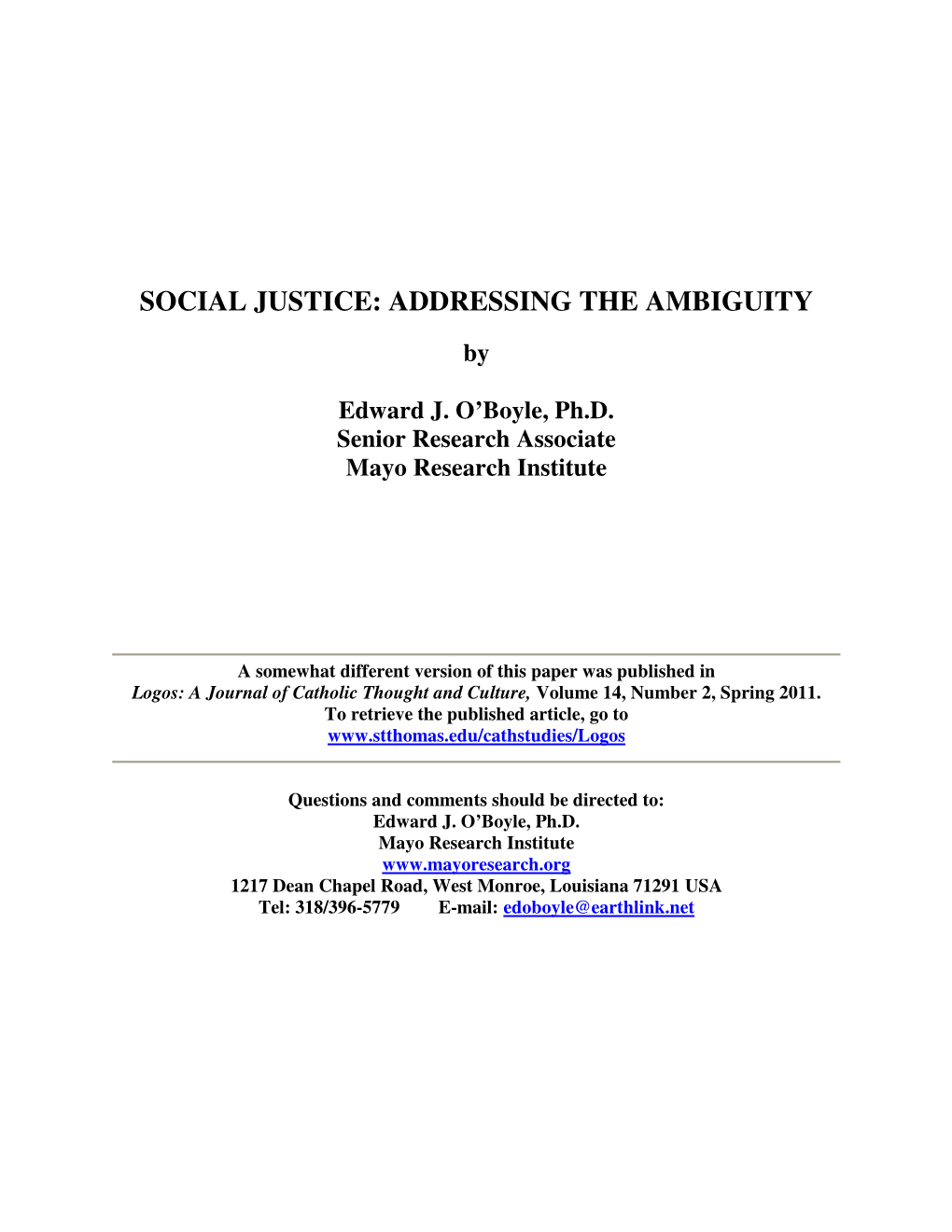 Social Justice: Addressing the Ambiguity