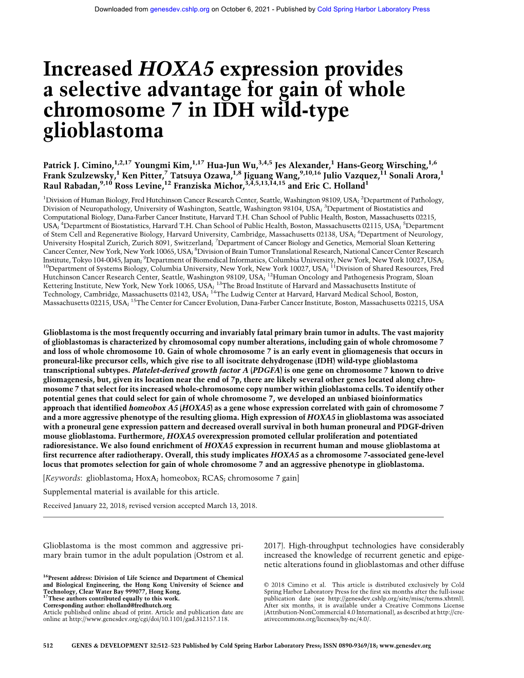 Increased HOXA5 Expression Provides a Selective Advantage for Gain of Whole Chromosome 7 in IDH Wild-Type Glioblastoma