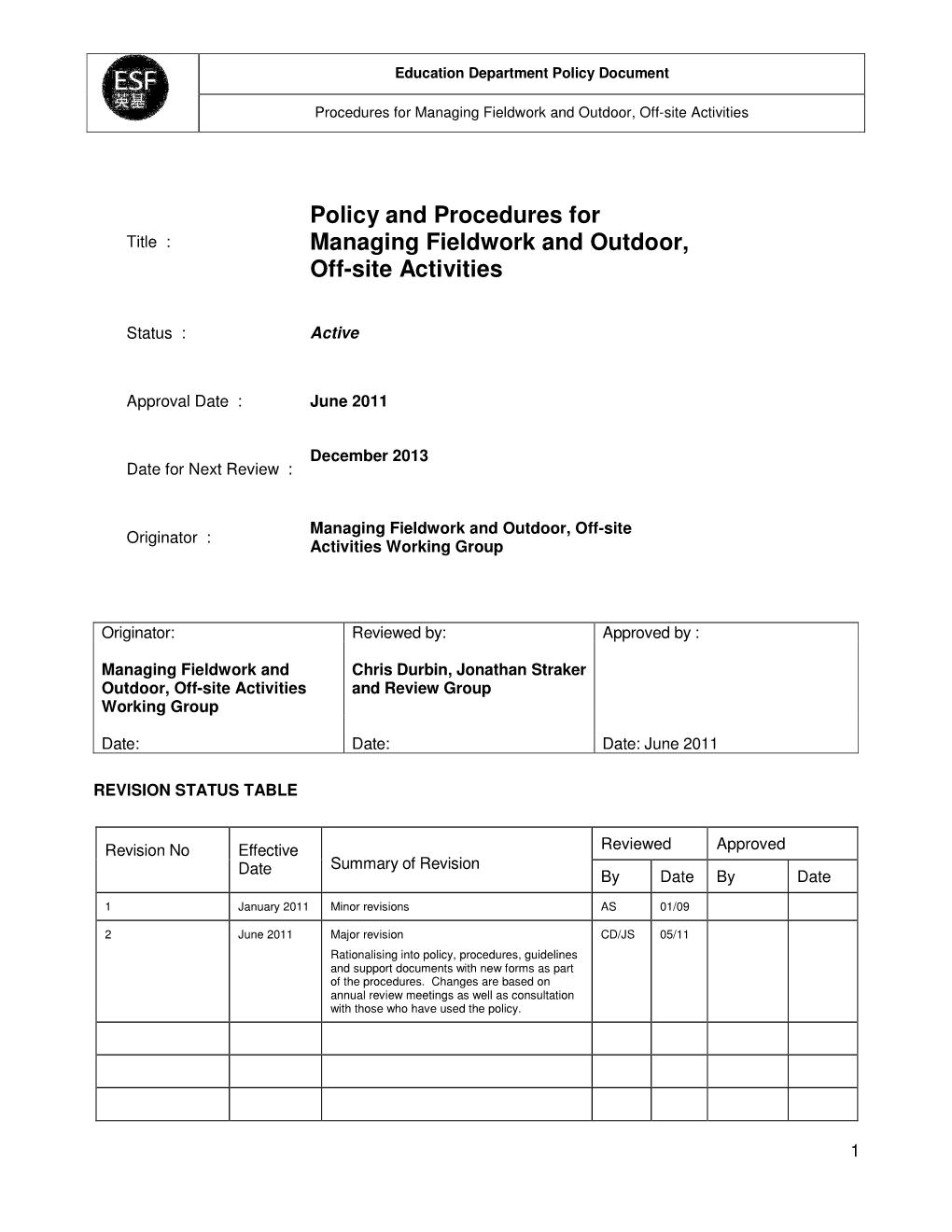 Policy and Procedures for Managing Fieldwork and Outdoor, Off-Site