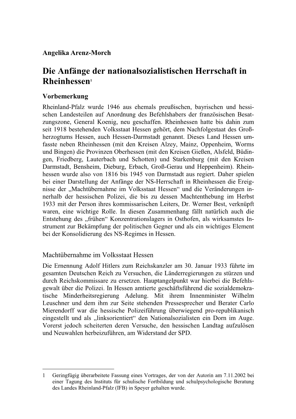 Die Anfänge Der Nationalsozialistischen Herrschaft in Rheinhessen1