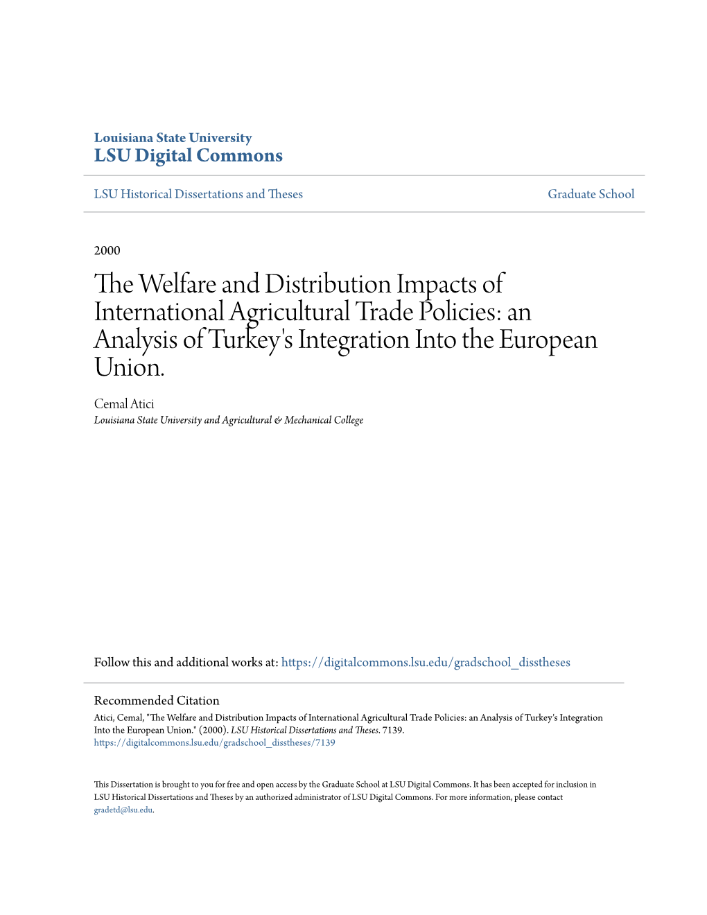 The Welfare and Distribution Impacts of International Agricultural Trade Policies: an Analysis of Turkey’S Integration Into the European Union