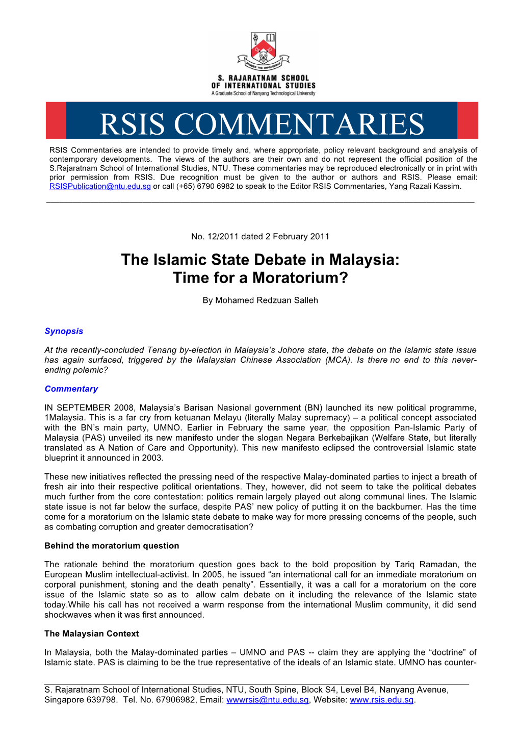 RSIS COMMENTARIES RSIS Commentaries Are Intended to Provide Timely And, Where Appropriate, Policy Relevant Background and Analysis of Contemporary Developments