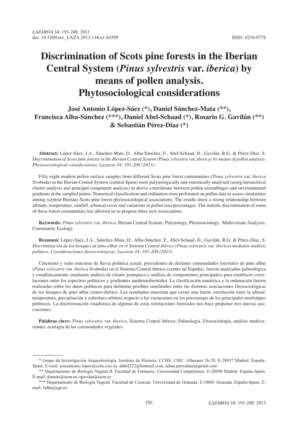 (Pinus Sylvestris Var. Iberica) by Means of Pollen Analysis. Phytosociological Considerations