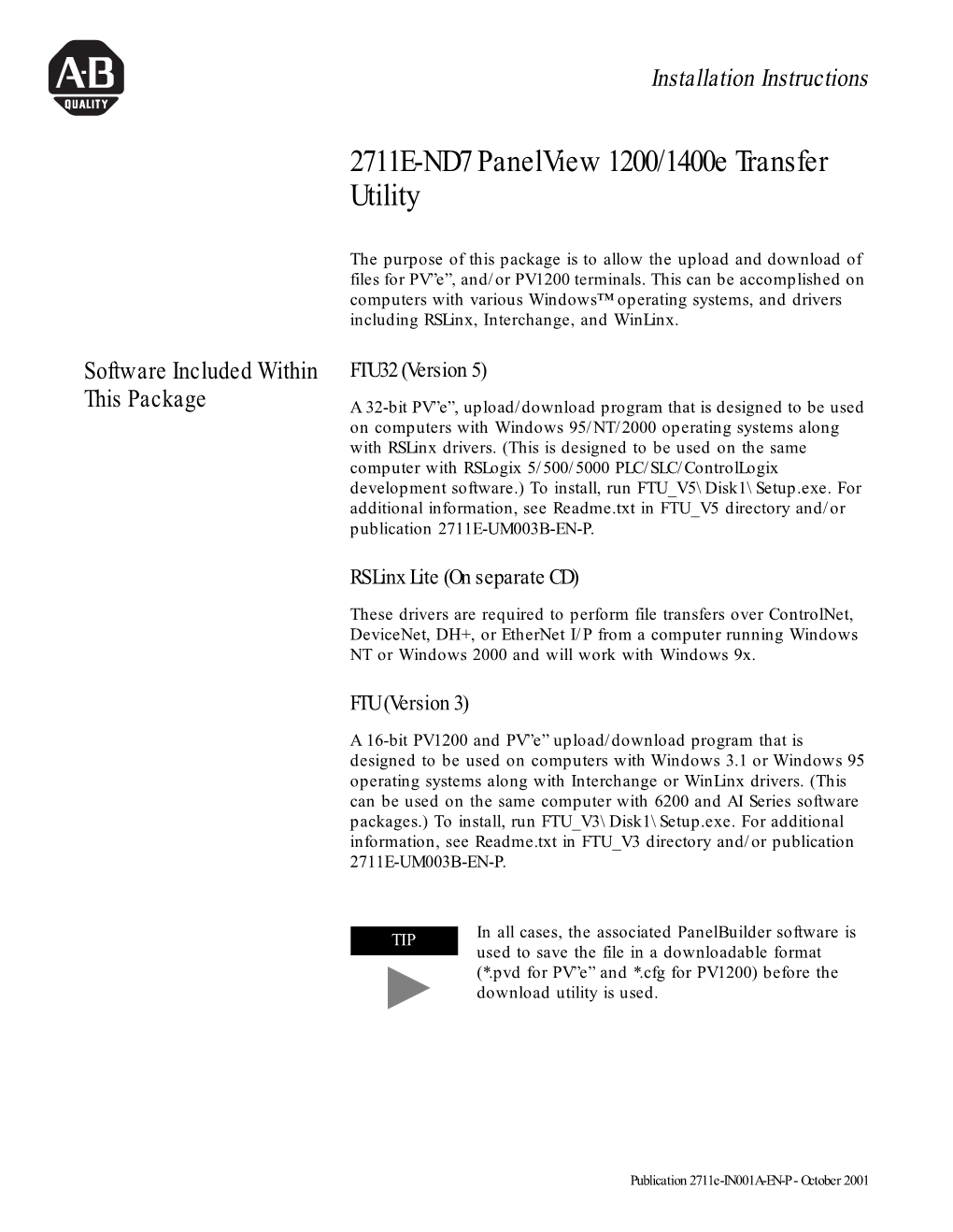 2711E-ND7 Panelview 1200/1400E Transfer Utility