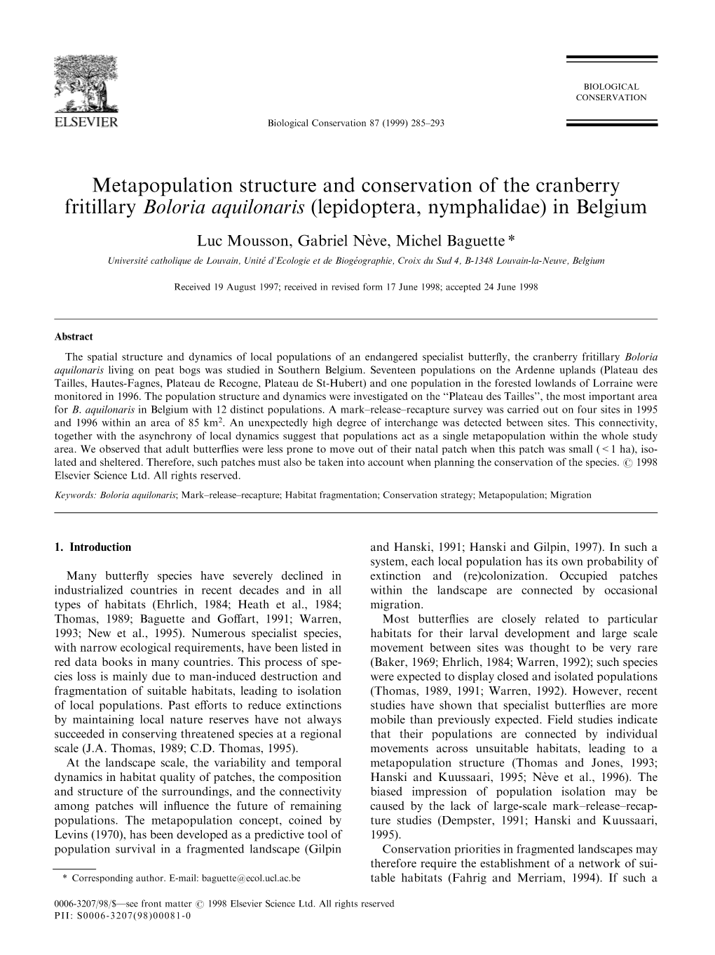 Metapopulation Structure and Conservation of the Cranberry Fritillary Boloria Aquilonaris (Lepidoptera, Nymphalidae) in Belgium