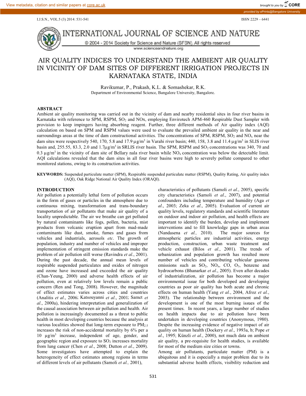 Air Quality Indices to Understand the Ambient Air