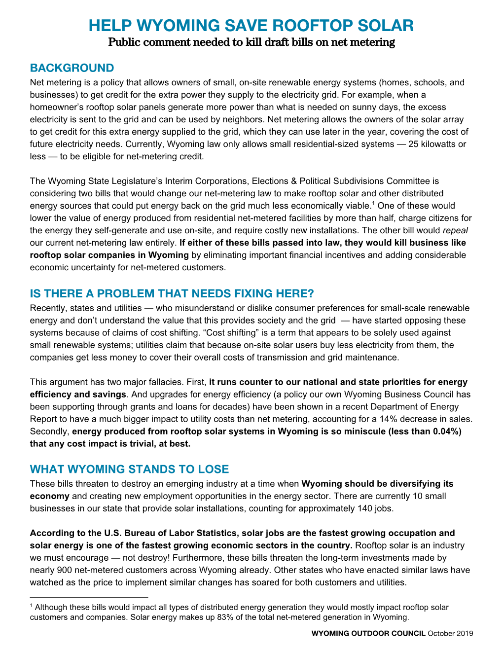 HELP WYOMING SAVE ROOFTOP SOLAR Public Comment Needed to Kill Draft Bills on Net Metering