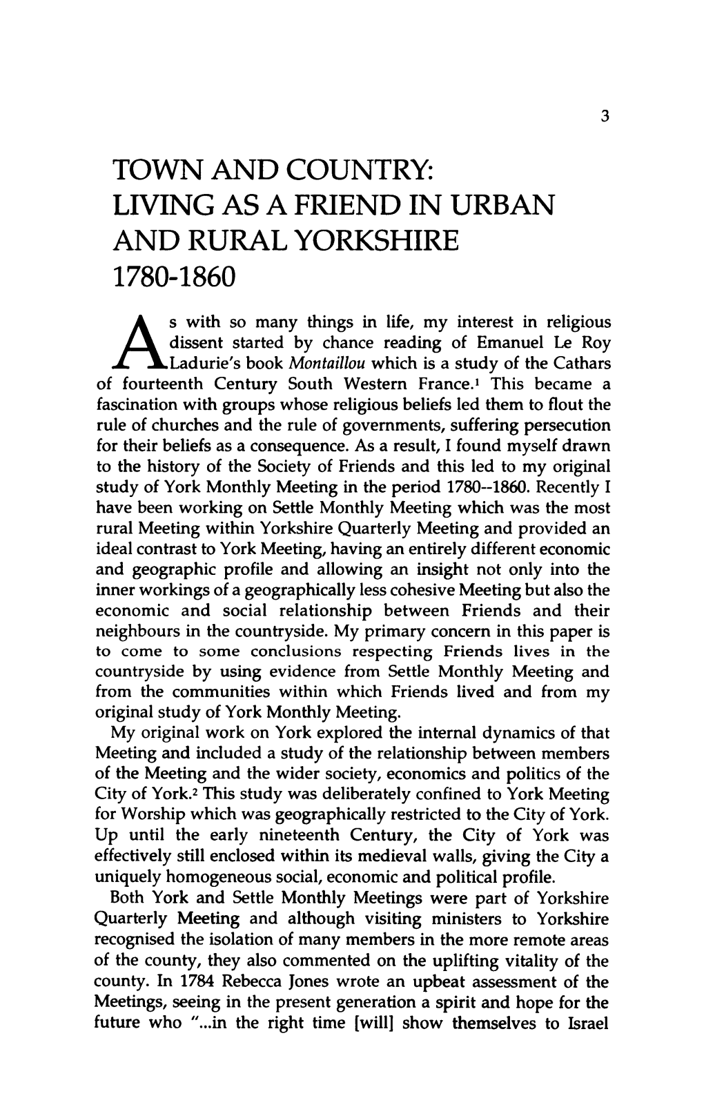 Town and Country: Living As a Friend in Urban and Rural Yorkshire 1780-1860