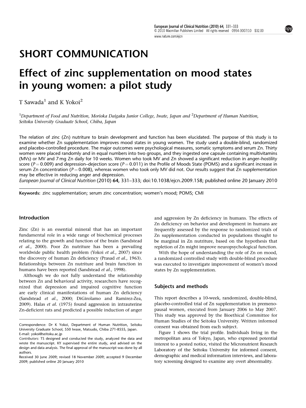 Effect of Zinc Supplementation on Mood States in Young Women: a Pilot Study