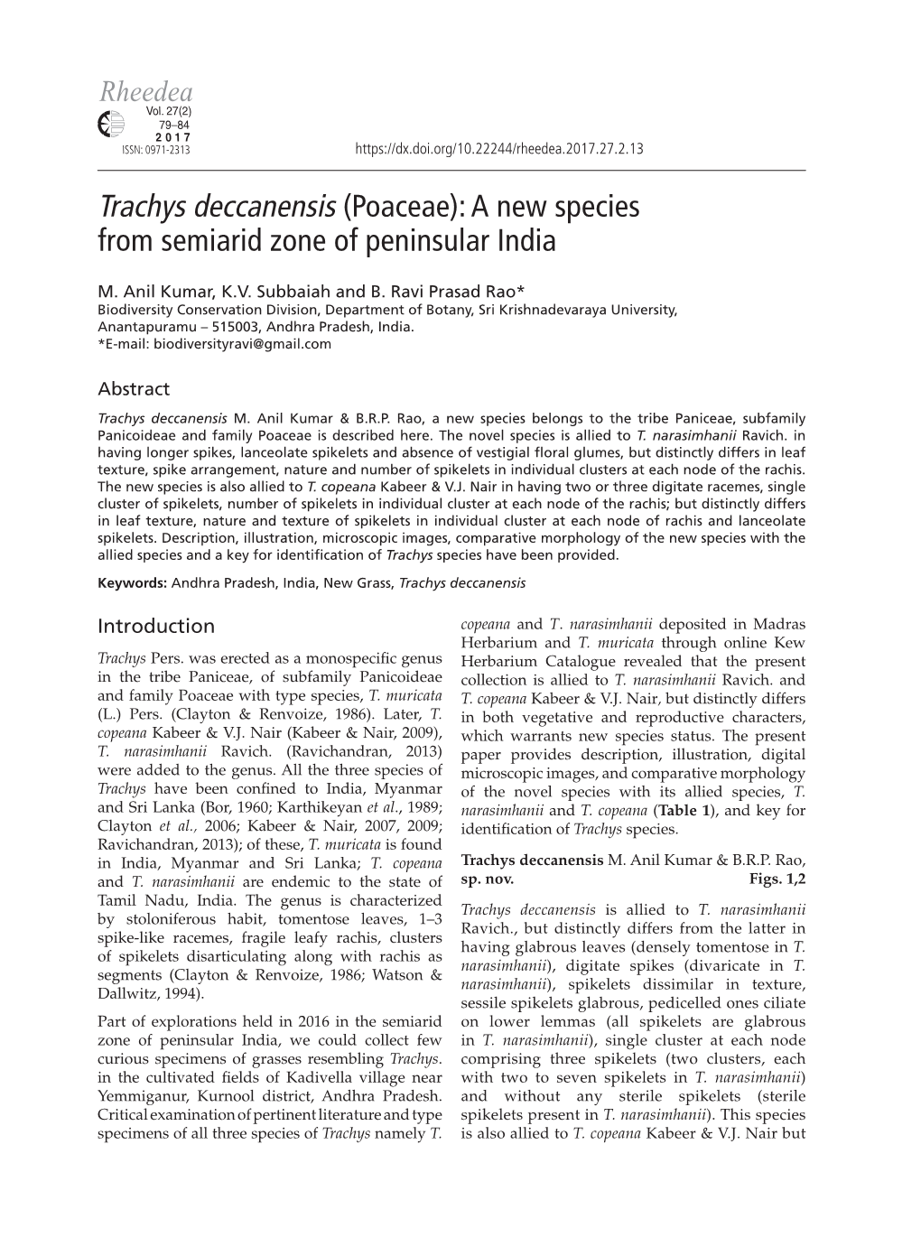 Trachys Deccanensis (Poaceae): a New Species from Semiarid Zone of Peninsular India