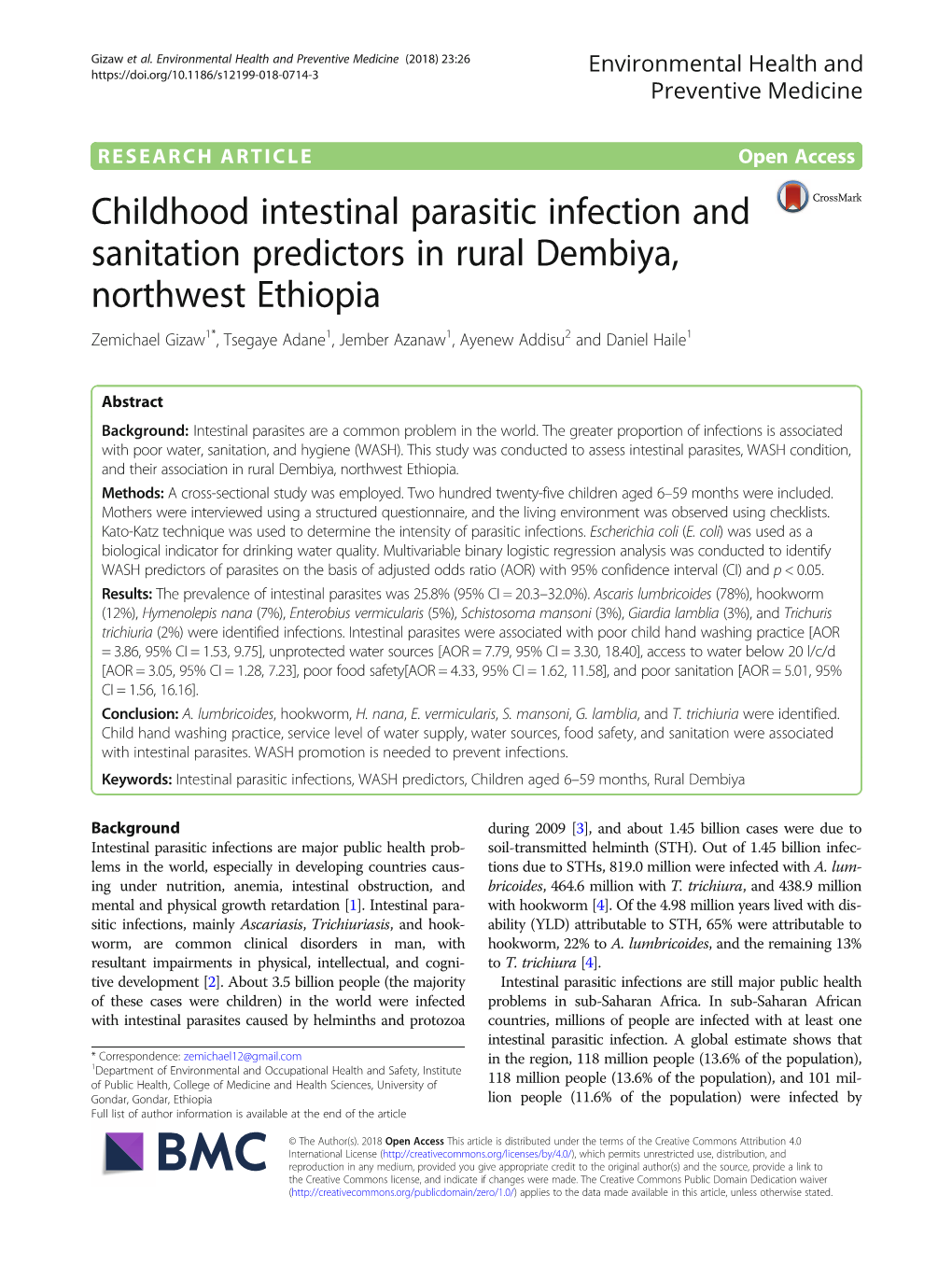 Childhood Intestinal Parasitic Infection and Sanitation Predictors in Rural