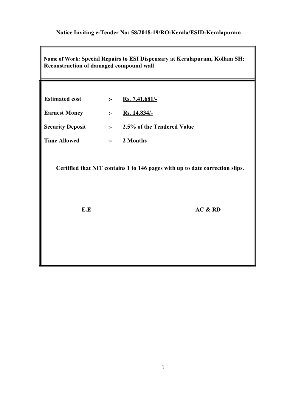 Notice Inviting E-Tender No: 58/2018-19/RO-Kerala/ESID-Keralapuram