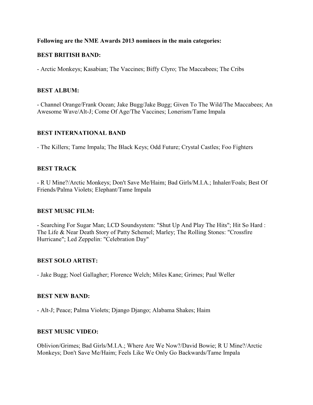 Following Are the NME Awards 2013 Nominees in the Main Categories