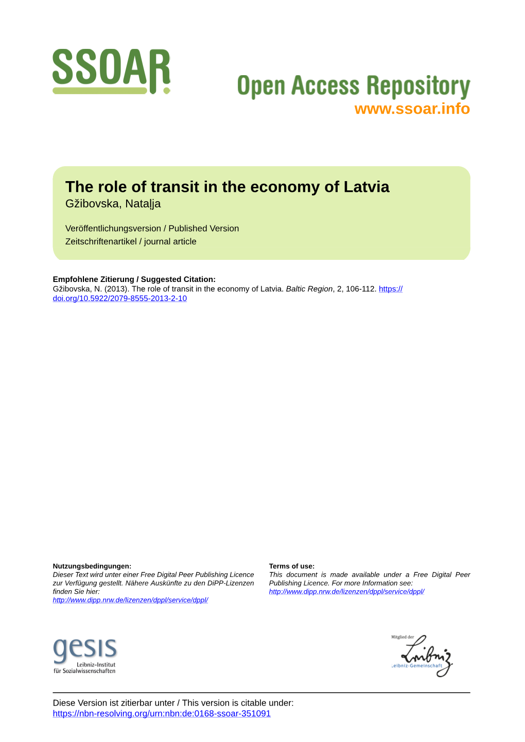 The Role of Transit in the Economy of Latvia