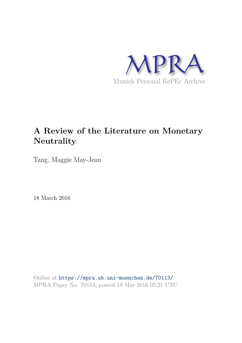 A Review of the Literature on Monetary Neutrality