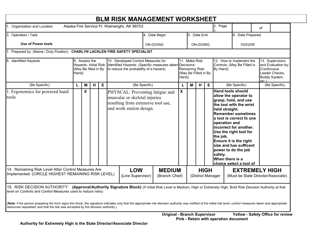 Blm Risk Management Worksheet s2