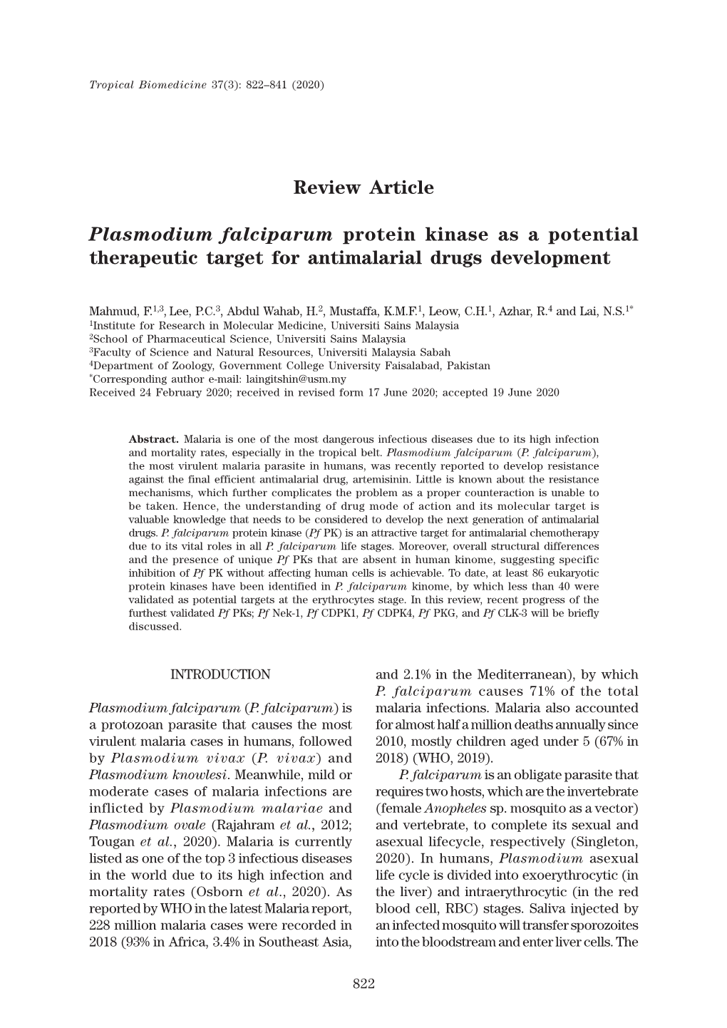 Plasmodium Falciparum Protein Kinase As a Potential Therapeutic Target for Antimalarial Drugs Development