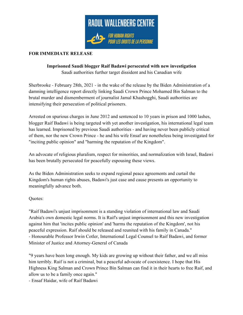 FOR IMMEDIATE RELEASE Imprisoned Saudi Blogger Raif Badawi