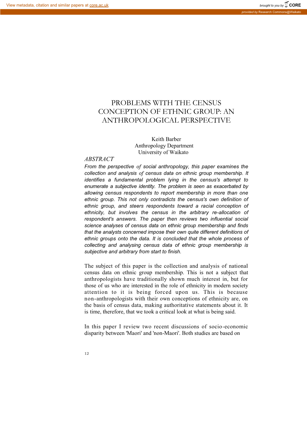 Problems with the Census Conception of Ethnic Group: an Anthropological Perspective