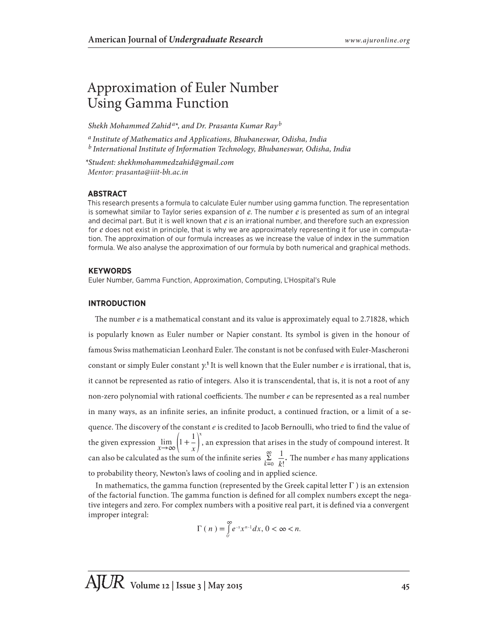 Approximation of Euler Number Using Gamma Function