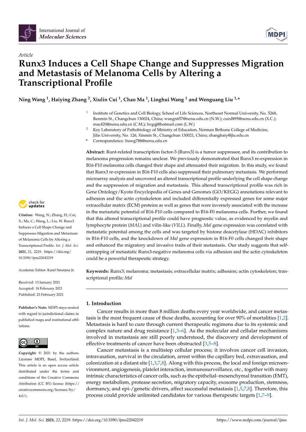 Runx3 Induces a Cell Shape Change and Suppresses Migration and Metastasis of Melanoma Cells by Altering a Transcriptional Proﬁle