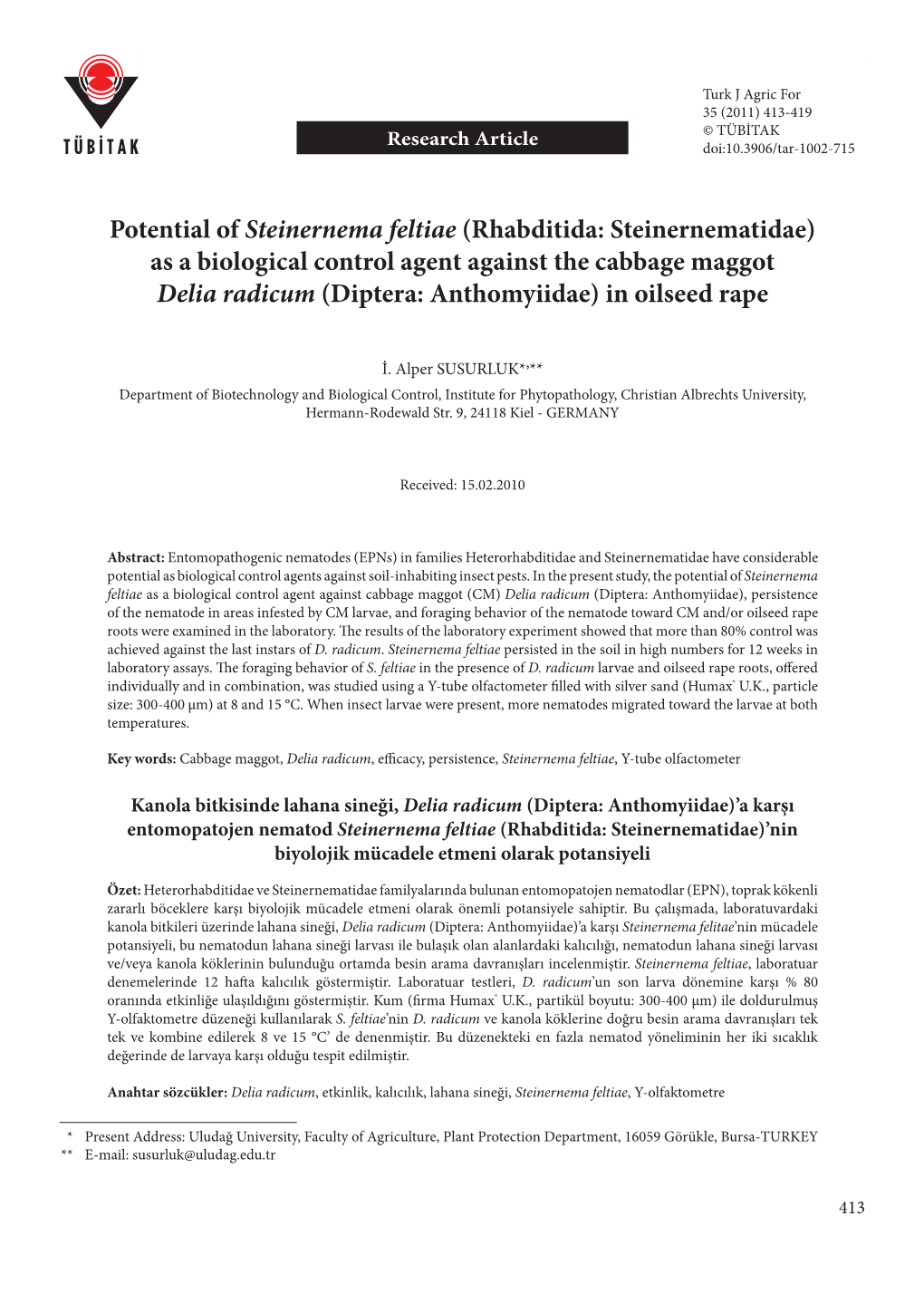 Potential of Steinernema Feltiae (Rhabditida: Steinernematidae)