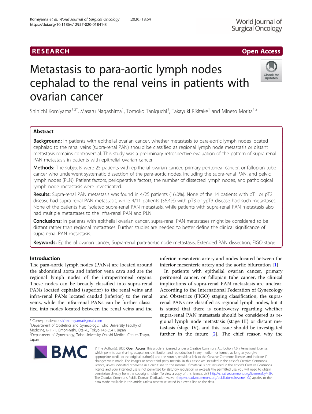 Metastasis to Para-Aortic Lymph Nodes Cephalad to the Renal Veins in Patients with Ovarian Cancer