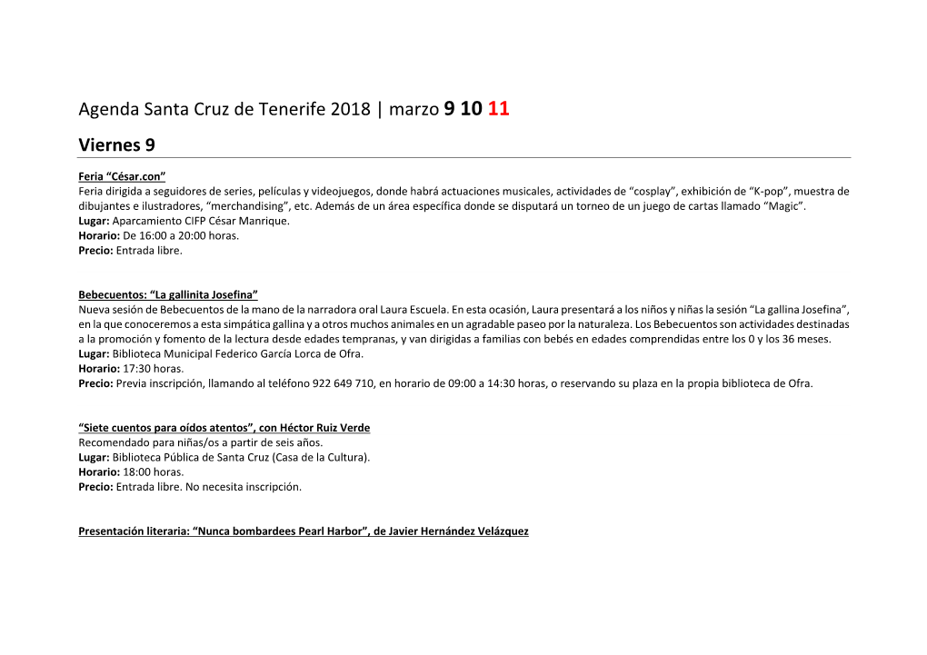 Agenda Santa Cruz De Tenerife 2018 | Marzo 9 10 11 Viernes 9