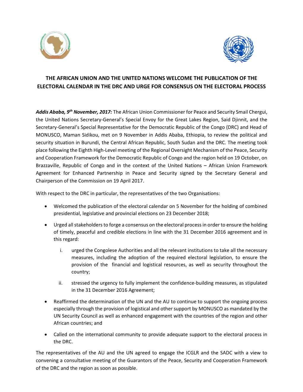 The African Union and the United Nations Welcome the Publication of the Electoral Calendar in the Drc and Urge for Consensus on the Electoral Process