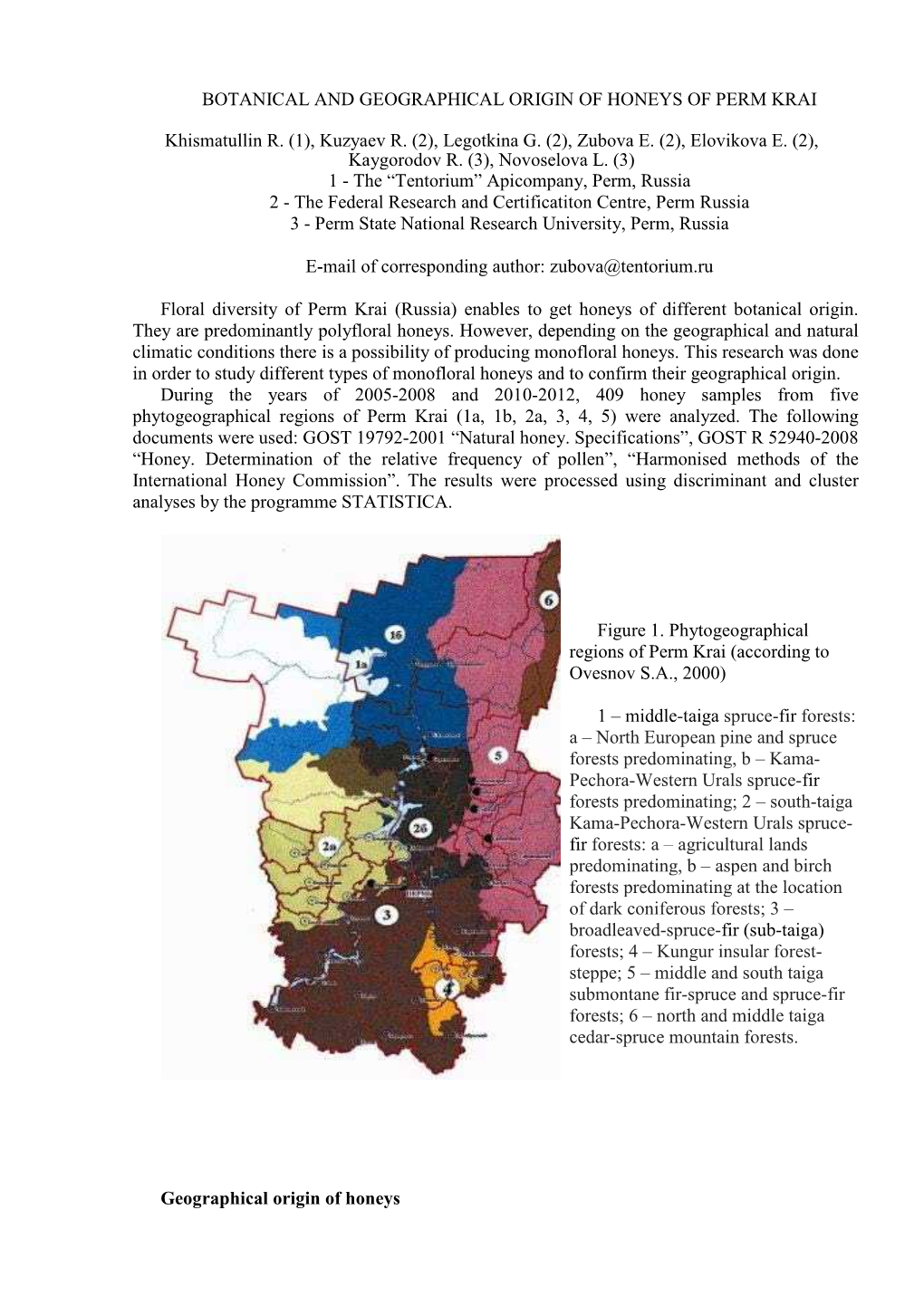 Botanical and Geographical Origin of Honeys of Perm Krai