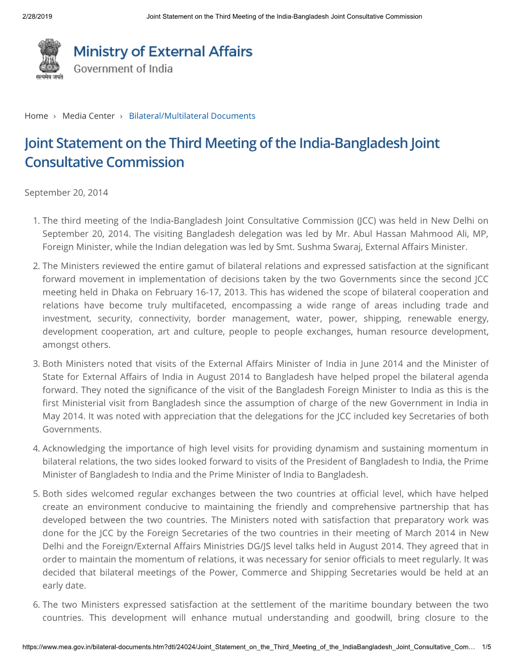 Joint Statement on the Third Meeting of the India-Bangladesh Joint Consultative Commission