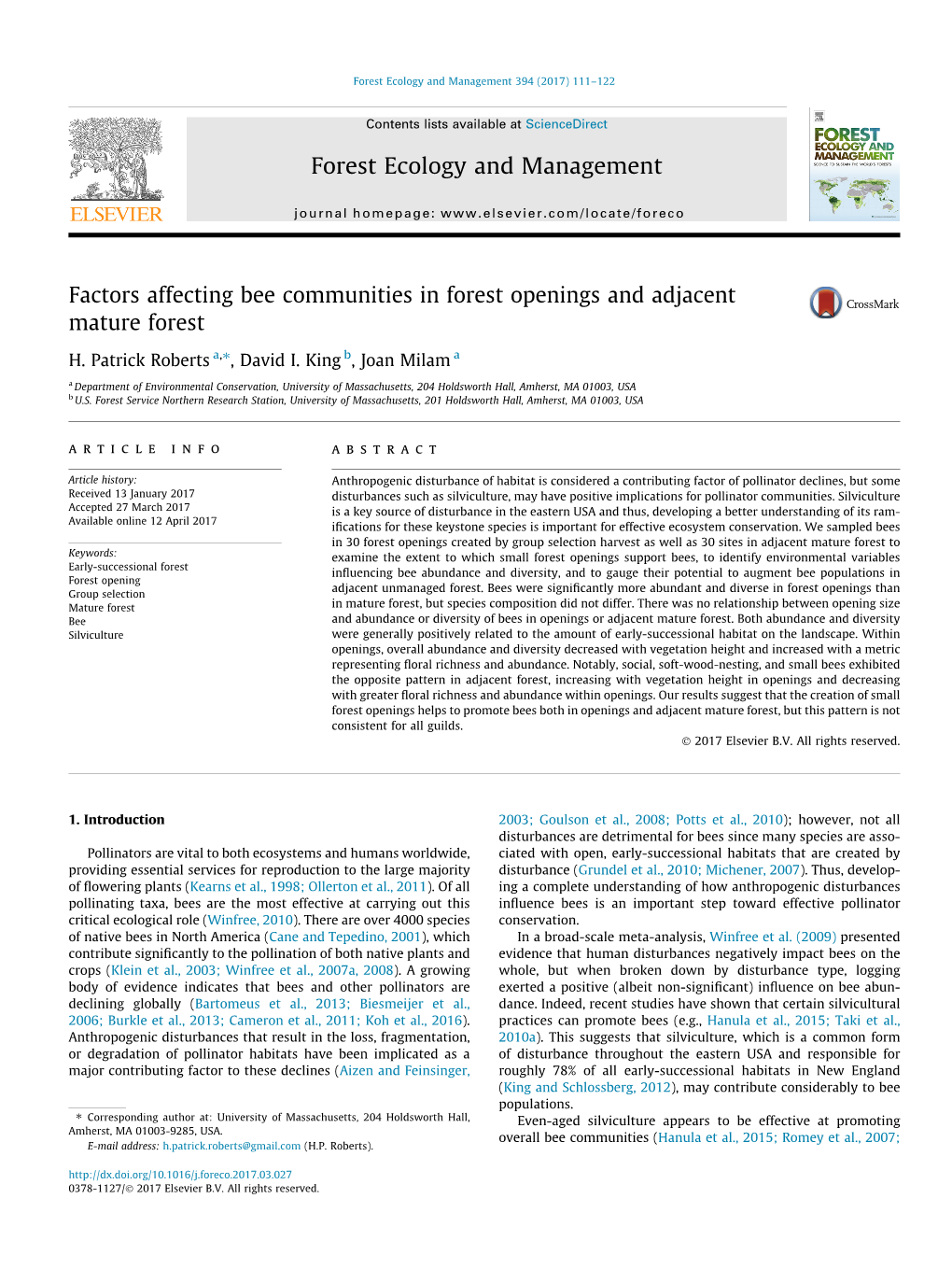 Factors Affecting Bee Communities in Forest Openings and Adjacent Mature Forest ⇑ H