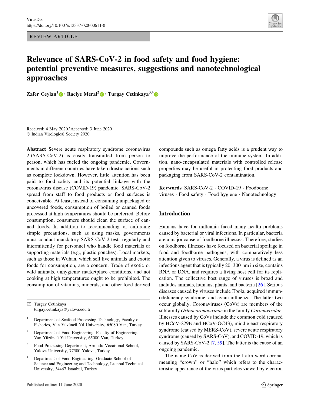 Relevance of SARS-Cov-2 in Food Safety and Food Hygiene: Potential Preventive Measures, Suggestions and Nanotechnological Approaches