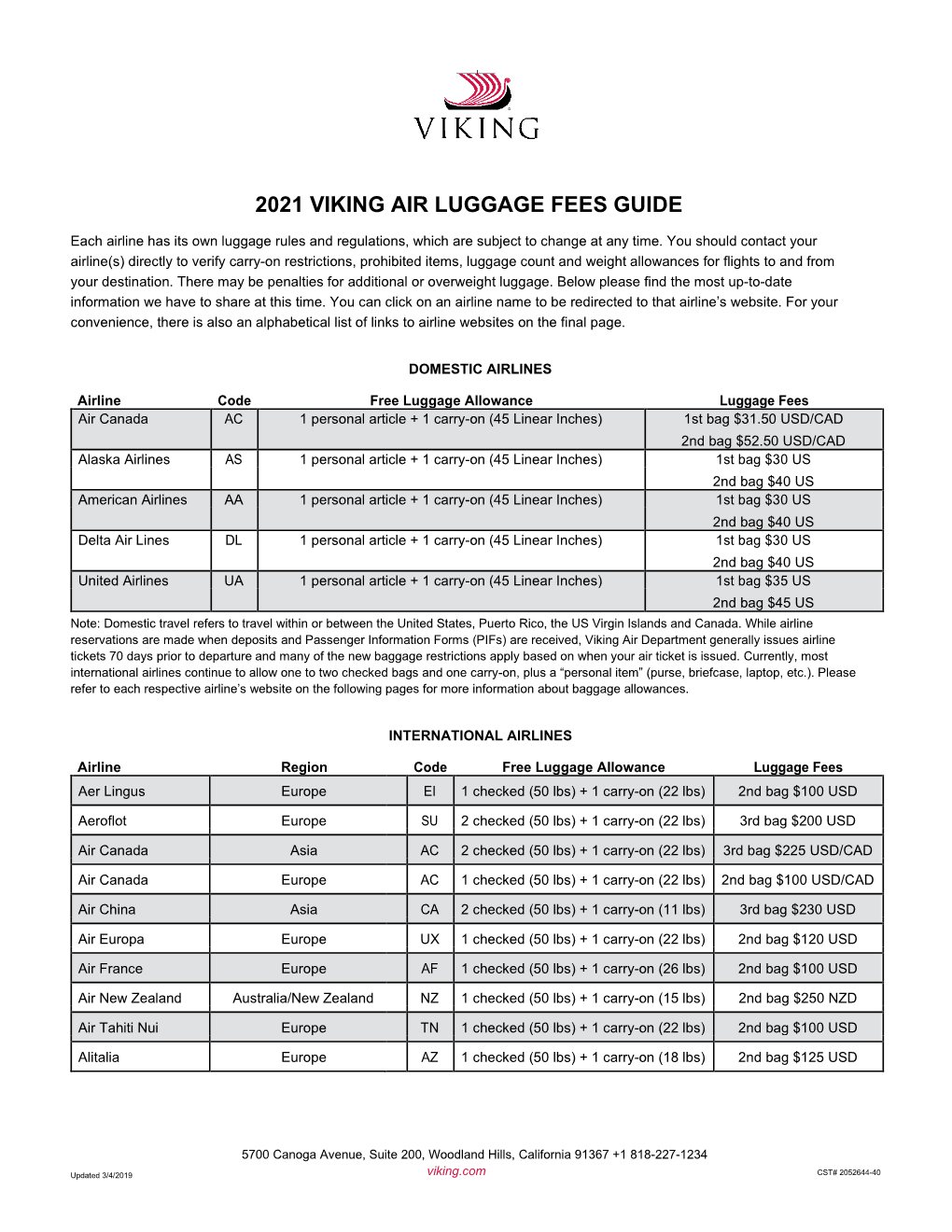 2021 Viking Air Luggage Fees Guide