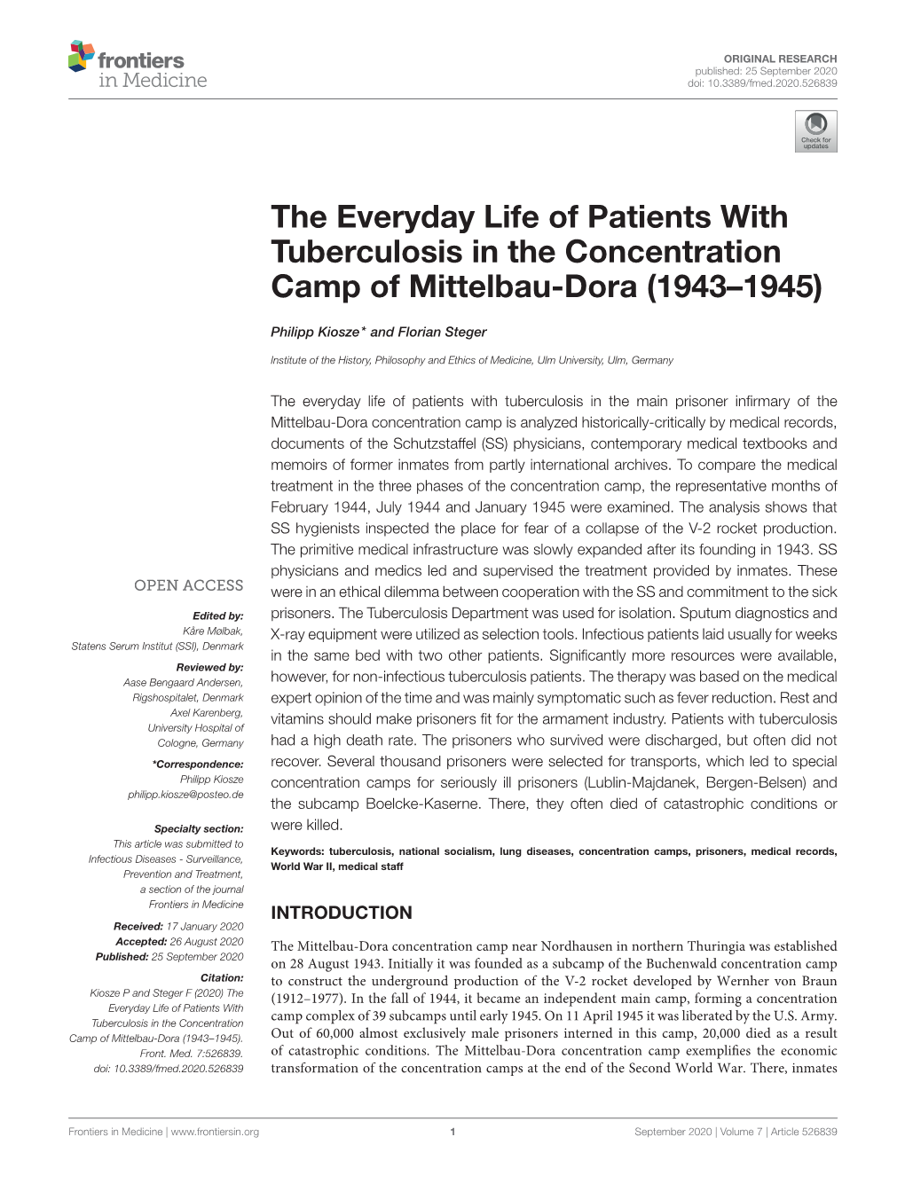 The Everyday Life of Patients with Tuberculosis in the Concentration Camp of Mittelbau-Dora (1943–1945)