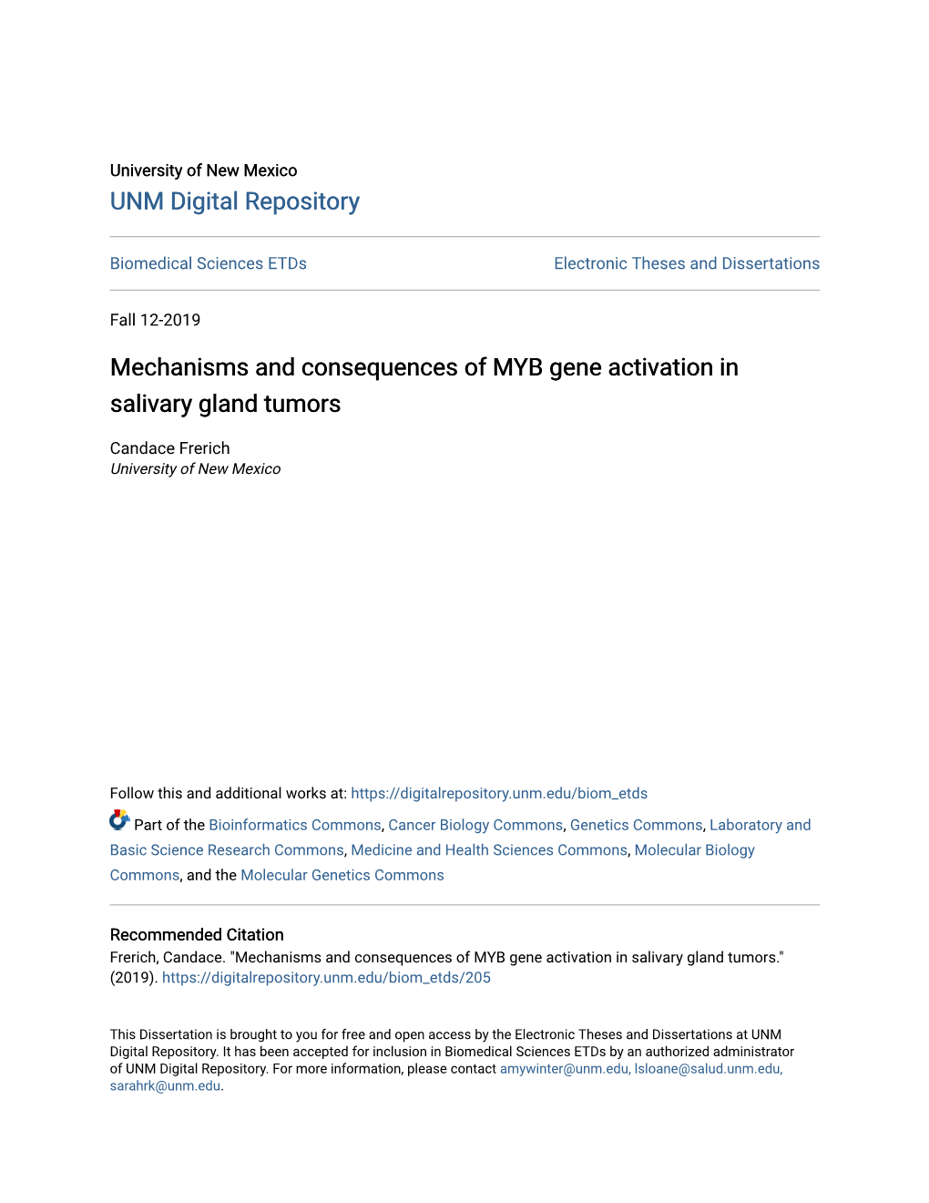 Mechanisms and Consequences of MYB Gene Activation in Salivary Gland Tumors