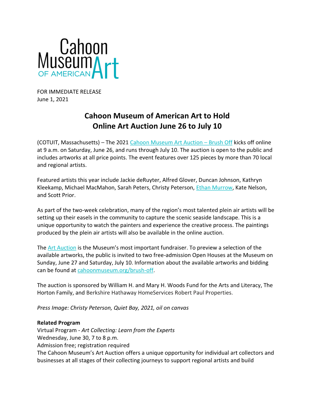 Cahoon Museum of American Art to Hold Online Art Auction June 26 to July 10