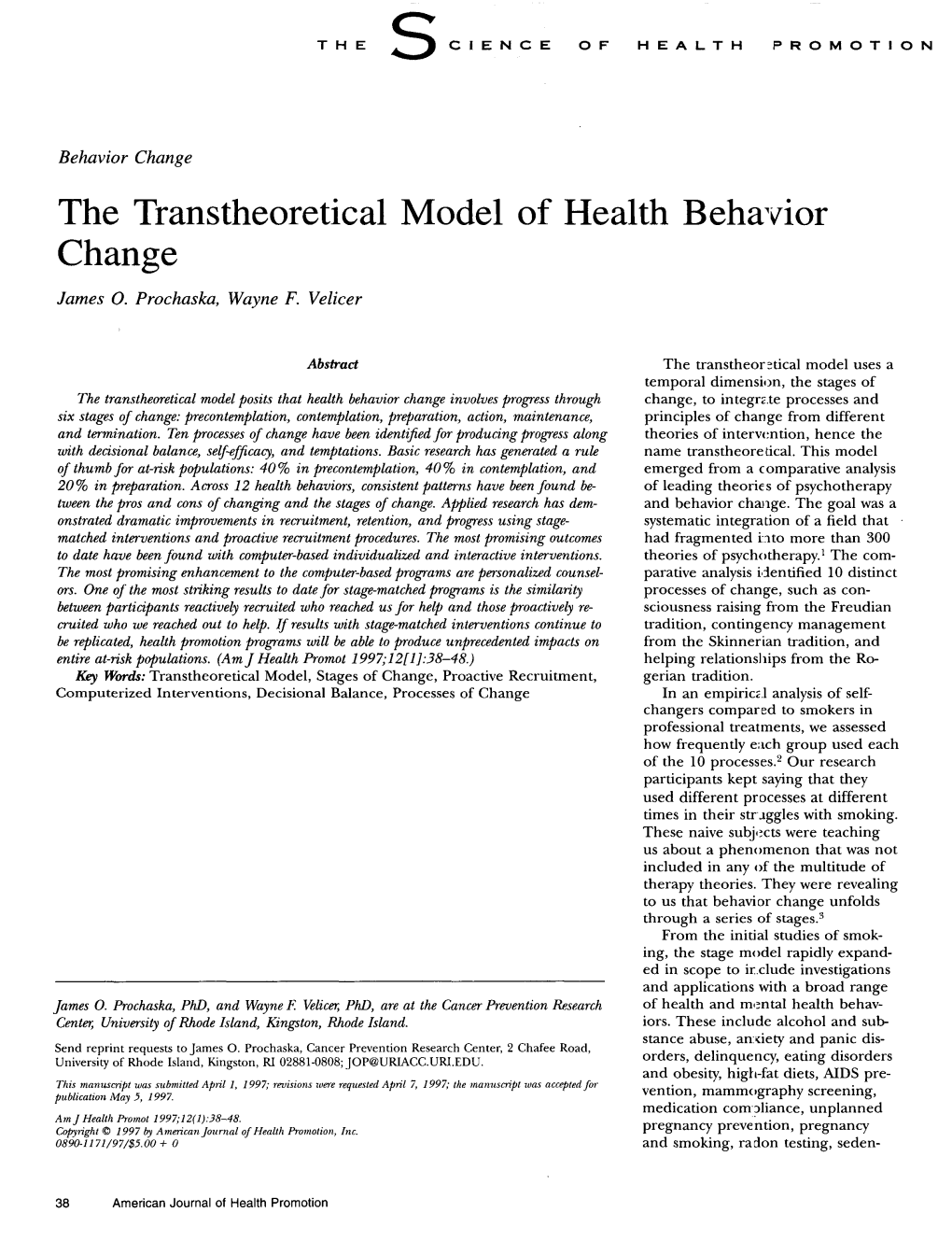 The Transtheoretical Model of Health Behavior Change