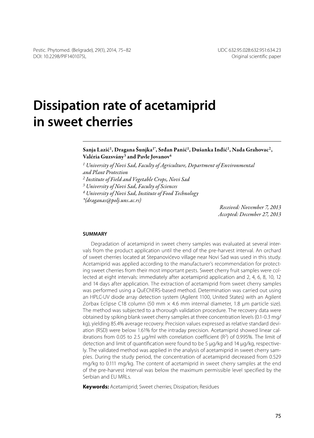 Dissipation Rate of Acetamiprid in Sweet Cherries