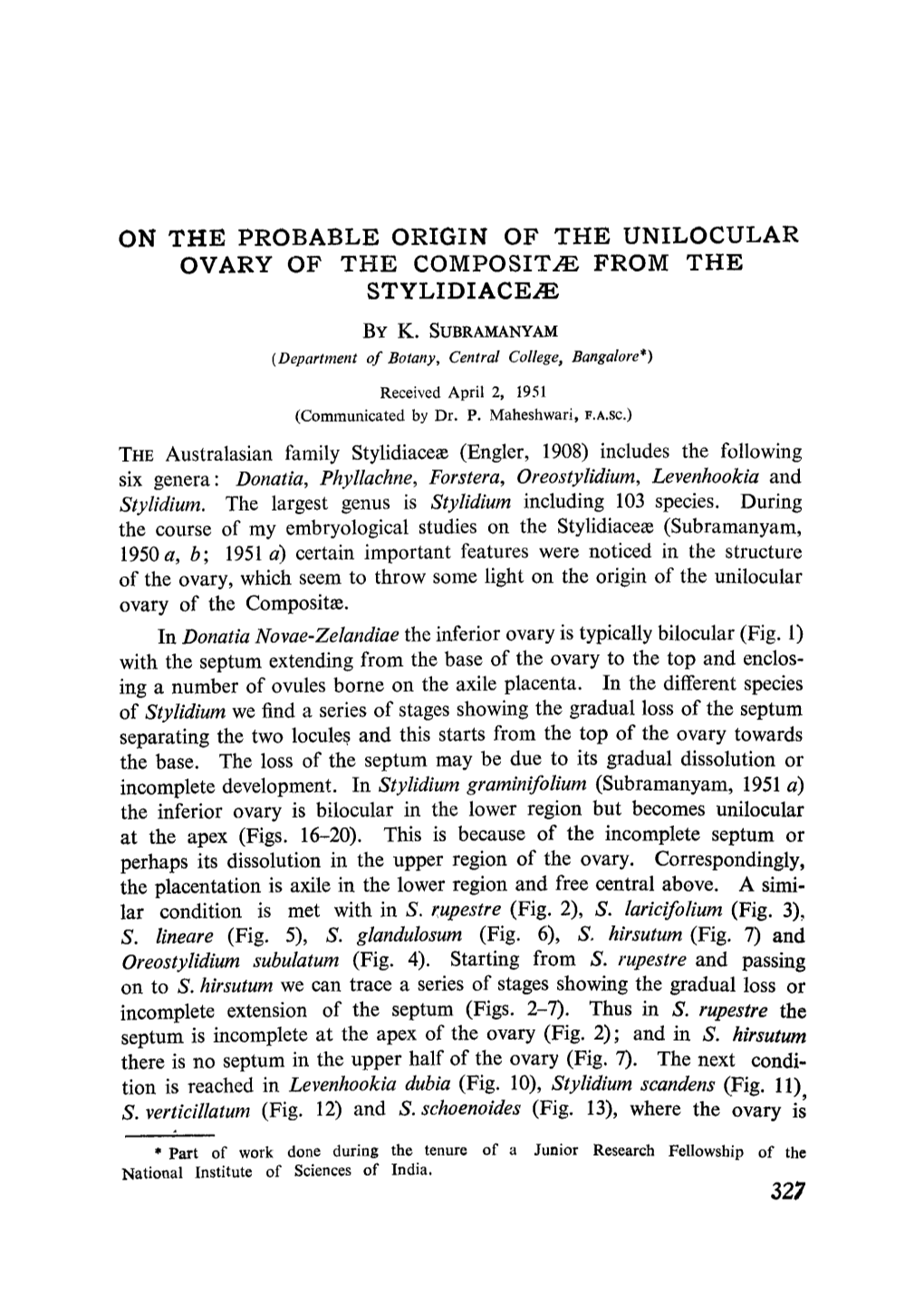 On the Probable Origin of the Unilocular Ovary of the Composit&#X00e6