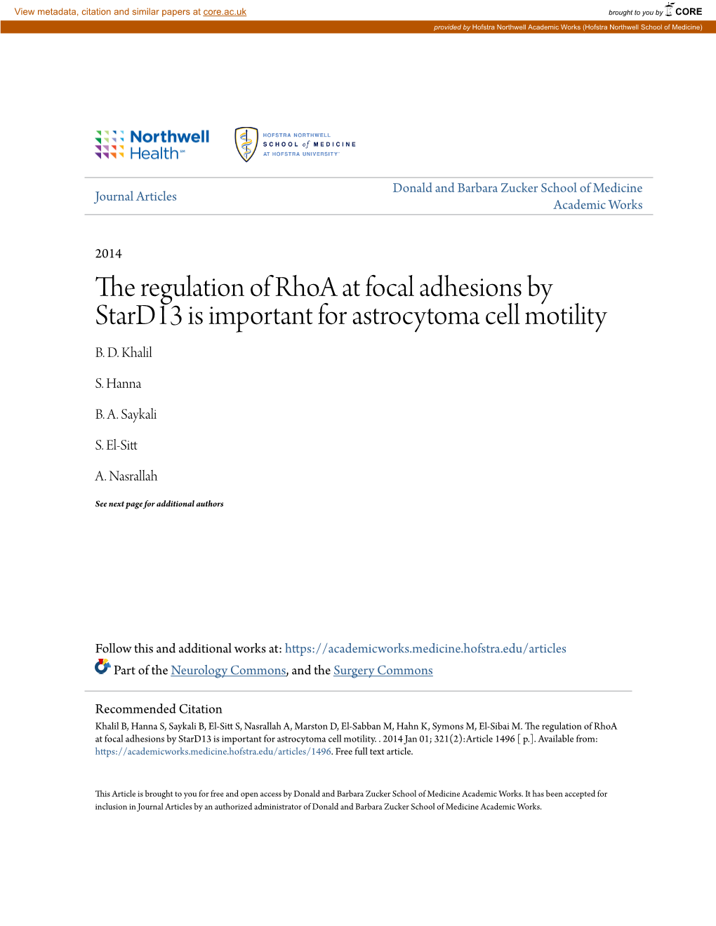 The Regulation of Rhoa at Focal Adhesions by Stard13 Is Important for Astrocytoma Cell Motility