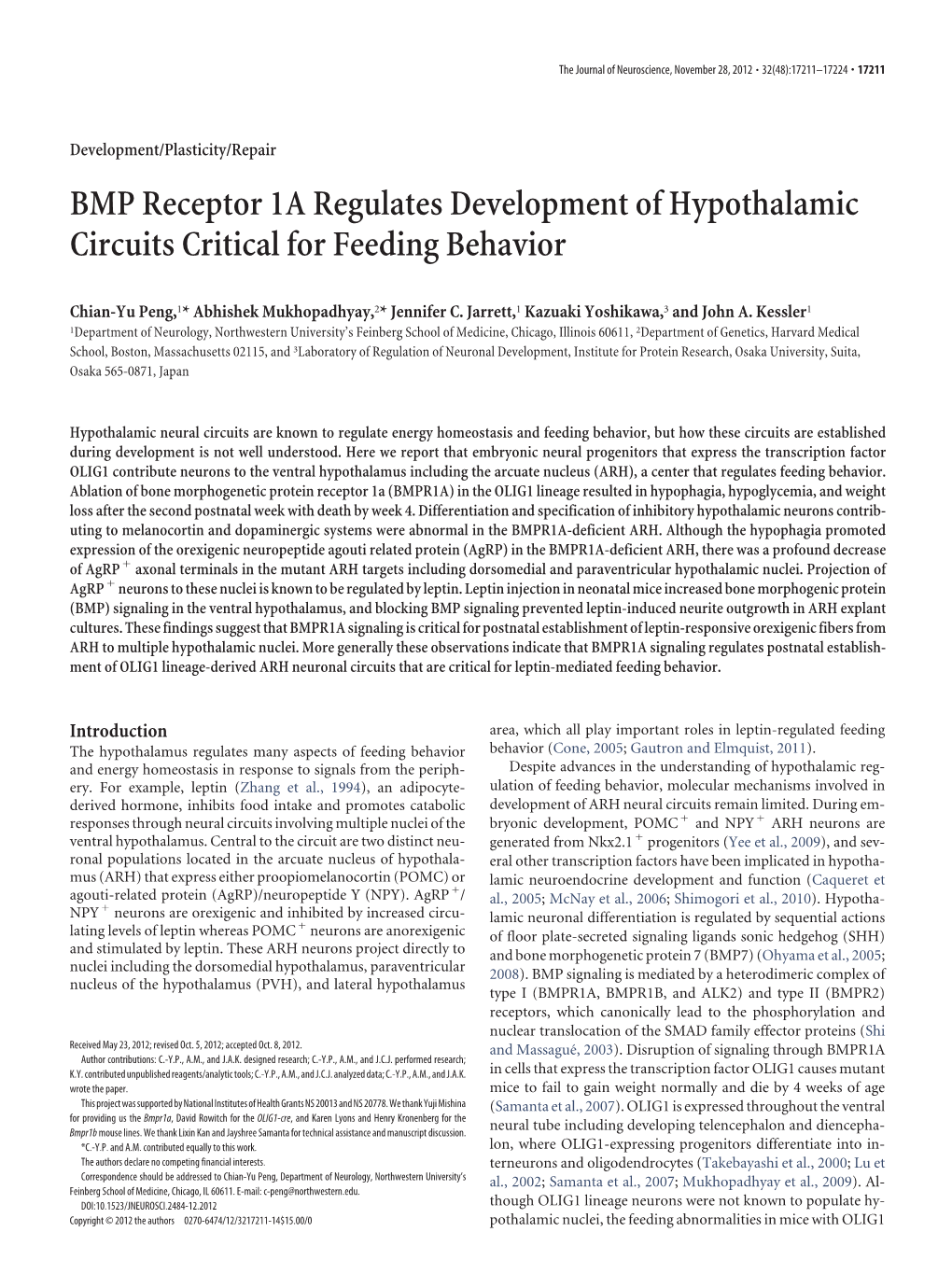 BMP Receptor 1A Regulates Development of Hypothalamic Circuits Critical for Feeding Behavior