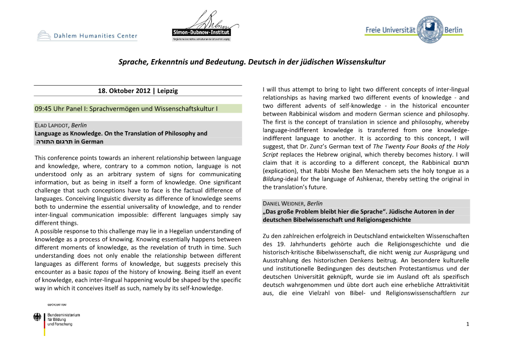 Sprache, Erkenntnis Und Bedeutung. Deutsch in Der Jüdischen Wissenskultur