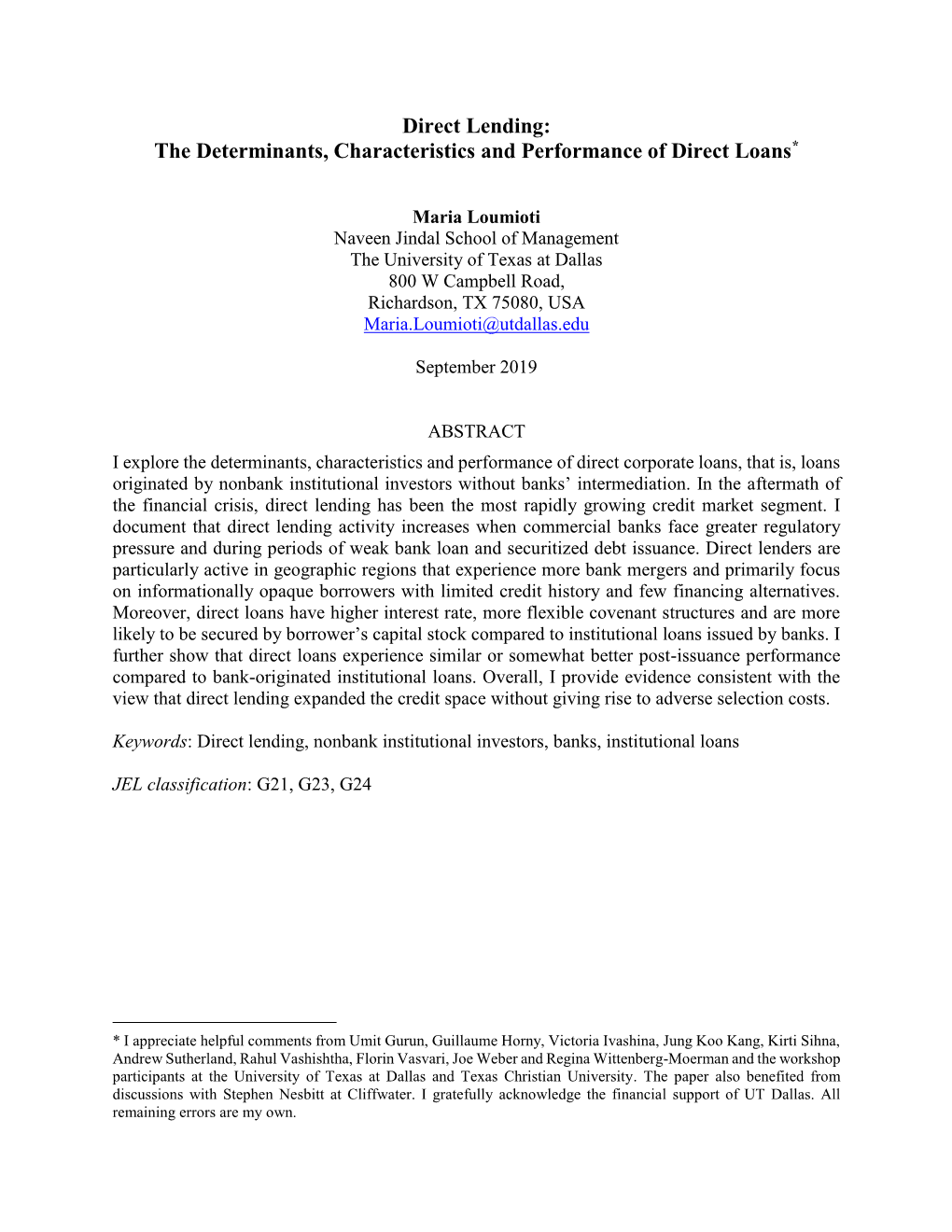 Direct Lending: the Determinants, Characteristics and Performance of Direct Loans*