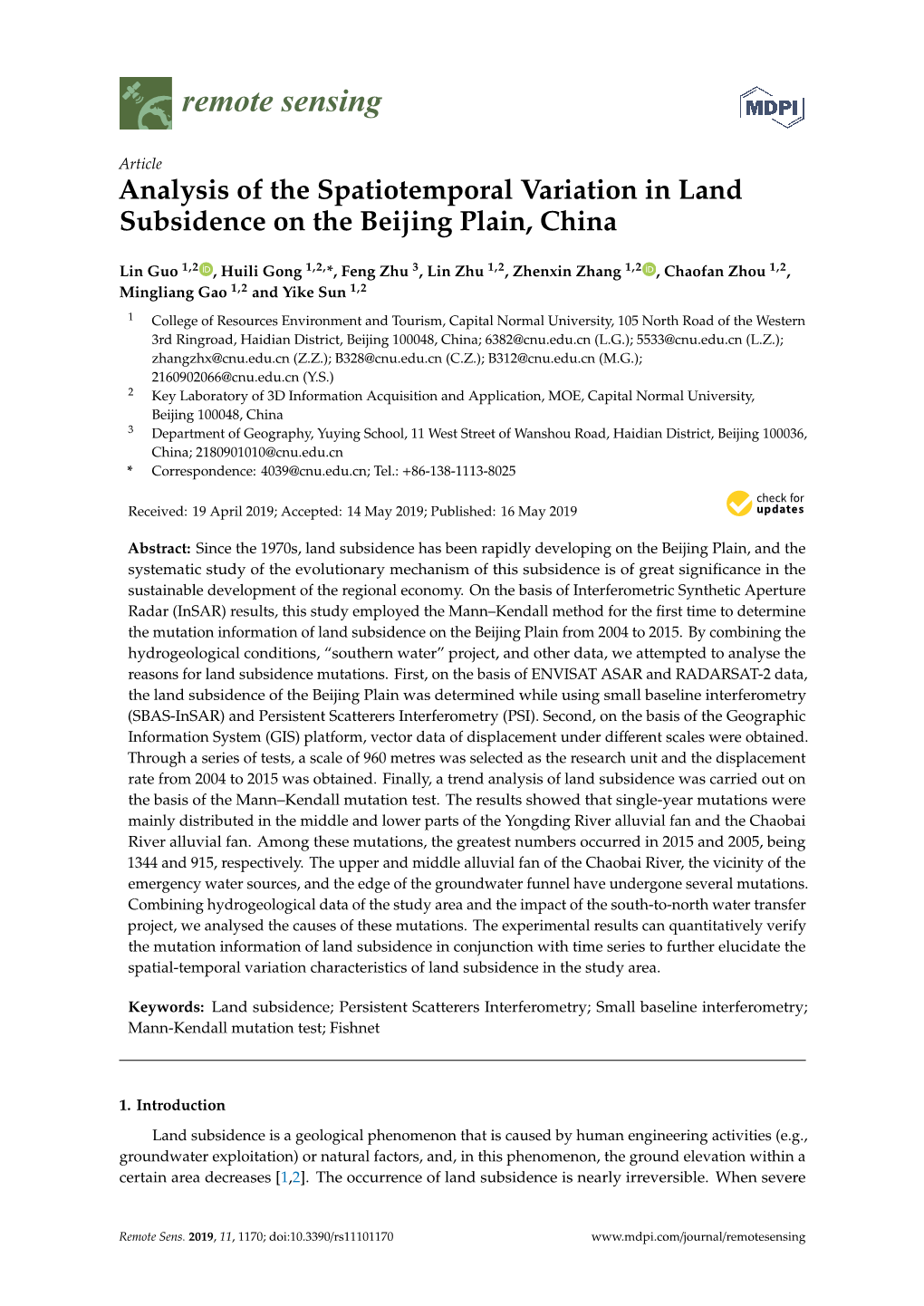 Analysis of the Spatiotemporal Variation in Land Subsidence on the Beijing Plain, China